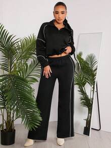 SHEIN SXY Women's Colorblock Rolled Hem Straight Sweatpants - Black and White - View 5