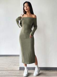 SHEIN EZwear 綠色針織露肩女連身裙 - 軍綠色 - 查看 5