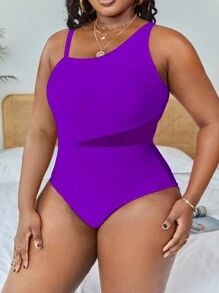 Slaydiva Summer Beach Plus Contrast Mesh Asymmetrical Neck One Piece Swimsuit - Violet Purple - View 5