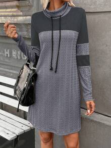 SHEIN LUNE 垂褶領口長袖連身裙 - 灰色 - 查看 5