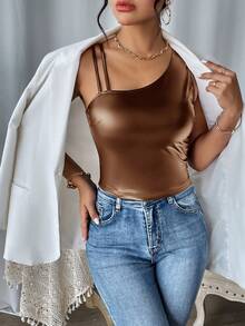 SHEIN Essnce Women's Asymmetrical Shoulder Shiny Top - Brown - View 6