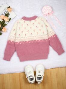 嬰幼女童毛衣,花紋圓領對比色 - 藕粉色 - 查看 2