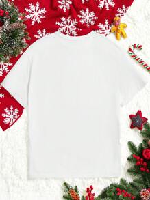SHEIN LUNE Plus Size Women's Casual Christmas Cat Print Pullover T-Shirt, Summer - White - View 3