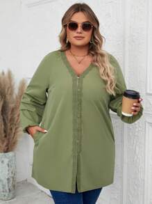 EMERY ROSE Women's Plus Size Green Lace Trimmed Decor Coat - Army Green - View 1