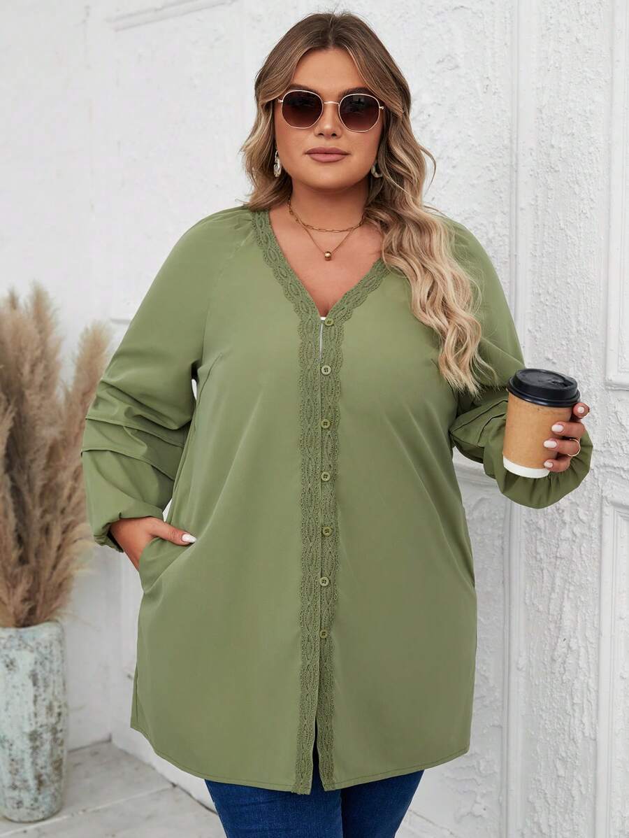 EMERY ROSE Women's Plus Size Green Lace Trimmed Decor Coat - Army Green - View 1