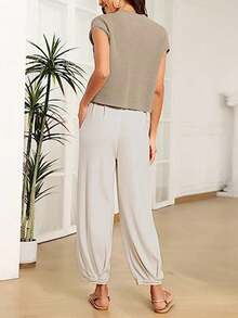 Women'S Batwing Short Sleeve Top And Pants Set - Khaki - View 2