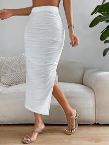 Chiquease Váy nữ Chia Tách cao Xù màu trơn Thanh lịch - trắng - Xem 3