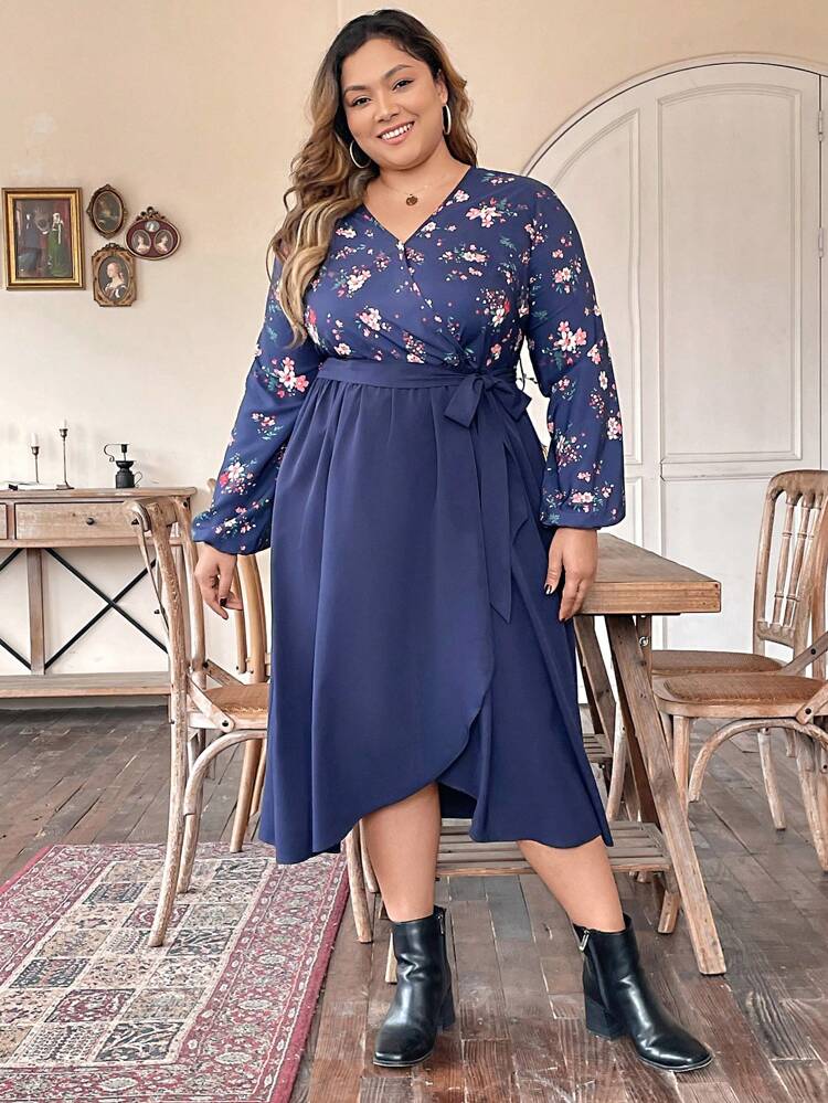 Plus Size Flower Print Dress With Tie Design