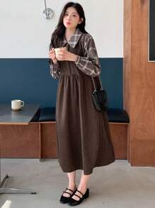 Dazy Star Women's Plaid Patchwork 2 In 1 Dress Shirt Dress,Fall Clothes Long Sleeve Dress