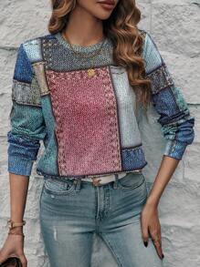 SHEIN LUNE 女士圓領拼接花紋運動衫 - 彩色 - 查看 4