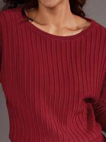 MOTF Classy 條紋蝙蝠袖毛衣 - 酒紅色 - 查看 4