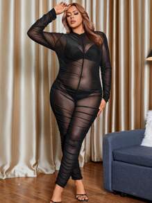 SHEIN Allurite Plus Size Pleated Sheer Mesh Jumpsuit - Black - View 1