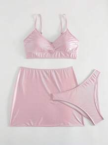 SHEIN Swim 粉色比基尼套装和沙滩裙（三件套）夏日海滩 - 粉色 - 查看 4