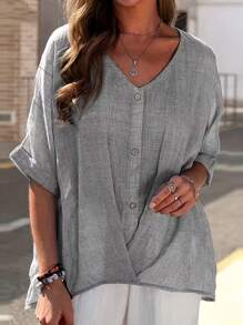 Plus Short Sleeve Solid Top - Grey - View 1