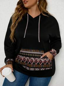 SHEIN CURVE+ Sudadera Con Capucha Para Mujer Con Patrón Geométrico Y Cordón, Talla Grande - Negro - Ver 1