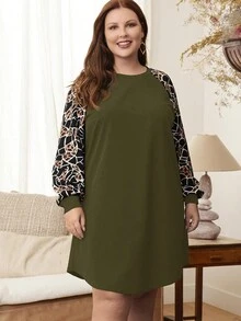 EMERY ROSE Vestido De Talla Grande De Piel De Leopardo Con Mangas De Diferentes Estampados - Verde militar - Ver 4