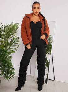 SHEIN SXY Sexy Club Teddy Fleece Women'S Padded Coat - Khaki - View 3