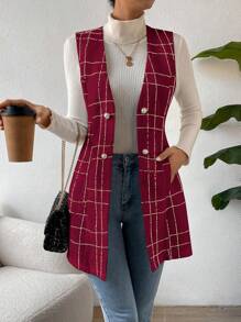 SHEIN Privé Của phụ nữ Đỏ  Kẻ sọc Có nút Trang trí Không tay Áo vest - Màu Đỏ Sâu - Xem 5