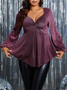 SHEIN Clasi Women'S Plus Size Twisted Metallic Thread T-Shirt With Sweetheart-Neckline - Purple - View 5