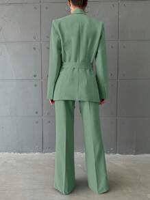 EURMUSE Ladies' Solid Color Suit Jacket And Pants Set - Mint Green - View 2