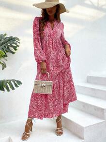 SHEIN LUNE Floral Print Lantern Sleeve Dress With Ruffle Hem And Notched Neckline, Long Sleeve - Hot Pink - View 3