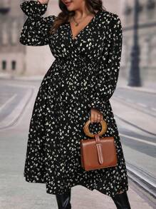 SHEIN Clasi Plus Leopard Print Flounce Sleeve Overlap Collar Dress - Black - View 1