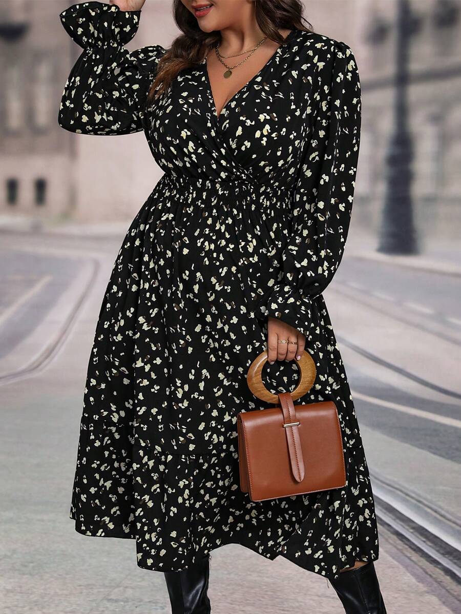SHEIN Clasi Plus Leopard Print Flounce Sleeve Overlap Collar Dress - Black - View 1