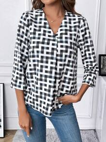 SHEIN Clasi 女性全印花幾何圖案卷袖衫 - 黑與白 - 查看 5