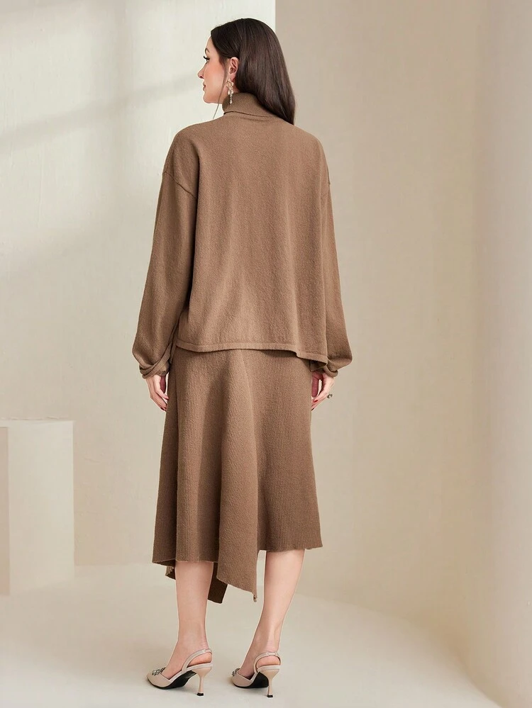 Women'S High Neck Asymmetrical Hem Sweater And Knit Skirt Set 2 Piece Set