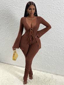 Slaydiva Casual Home Style Tie-Front Top And Pleated Slit Hem Trousers Brown Brushed Ribbed Women's Bodycon Two-Piece Set - Brown - View 4