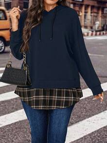 Calvaya Plus Size Patchwork Hoodie With Plaid Hem And Drawstring - Navy Blue - View 5