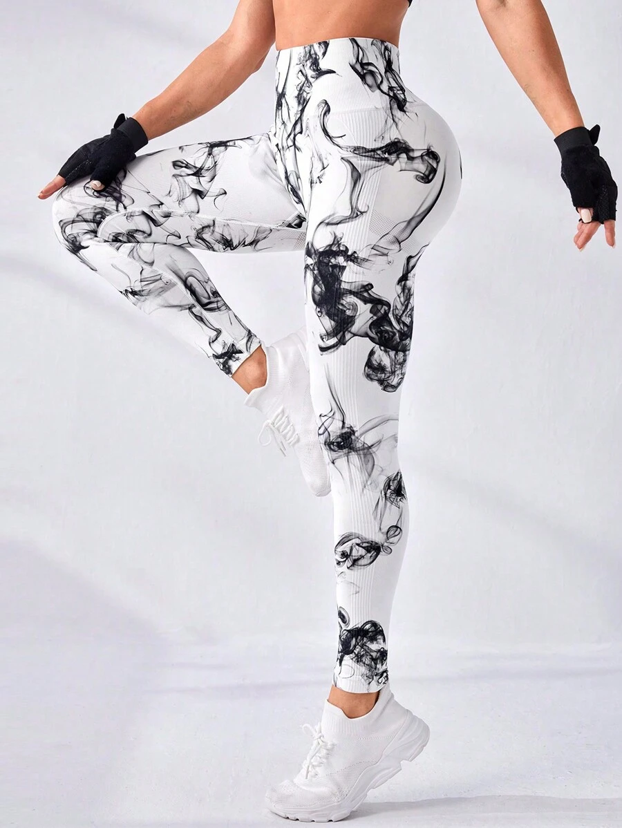 SHEIN Yoga Trendy 紮染收復運動打底褲 - 黑與白 - 查看 1
