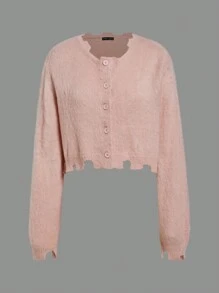 SHEIN EZwear Drop Shoulder Distressed Fluffy Cardigan - Dusty Pink - View 6