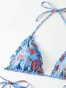 SHEIN Swim Vcay 女士花卉印花吊带比基尼套装夏季海滩 - 彩色 - 查看 4
