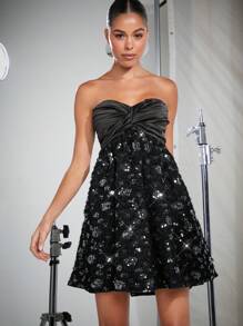 Hauture Twist Pleated Satin Sequin Dress - Black - View 1