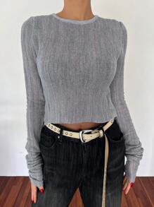 DAZY Women's Gray Round Neck Basic Short Sweater,Fall Clothes - Grey - View 3