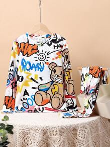 SHEIN 青少年男生合身休閒卡通熊印花圓領t恤和長褲緊身居家服套裝 - 白色 - 查看 1