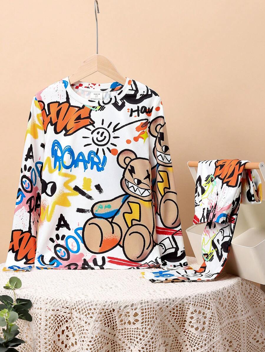 SHEIN 青少年男生合身休閒卡通熊印花圓領t恤和長褲緊身居家服套裝 - 白色 - 查看 1