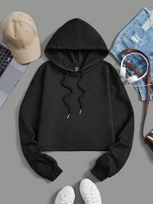 SHEIN EZwear Sudadera Con Capucha Y Cordón De Color Liso - Negro - Ver 1