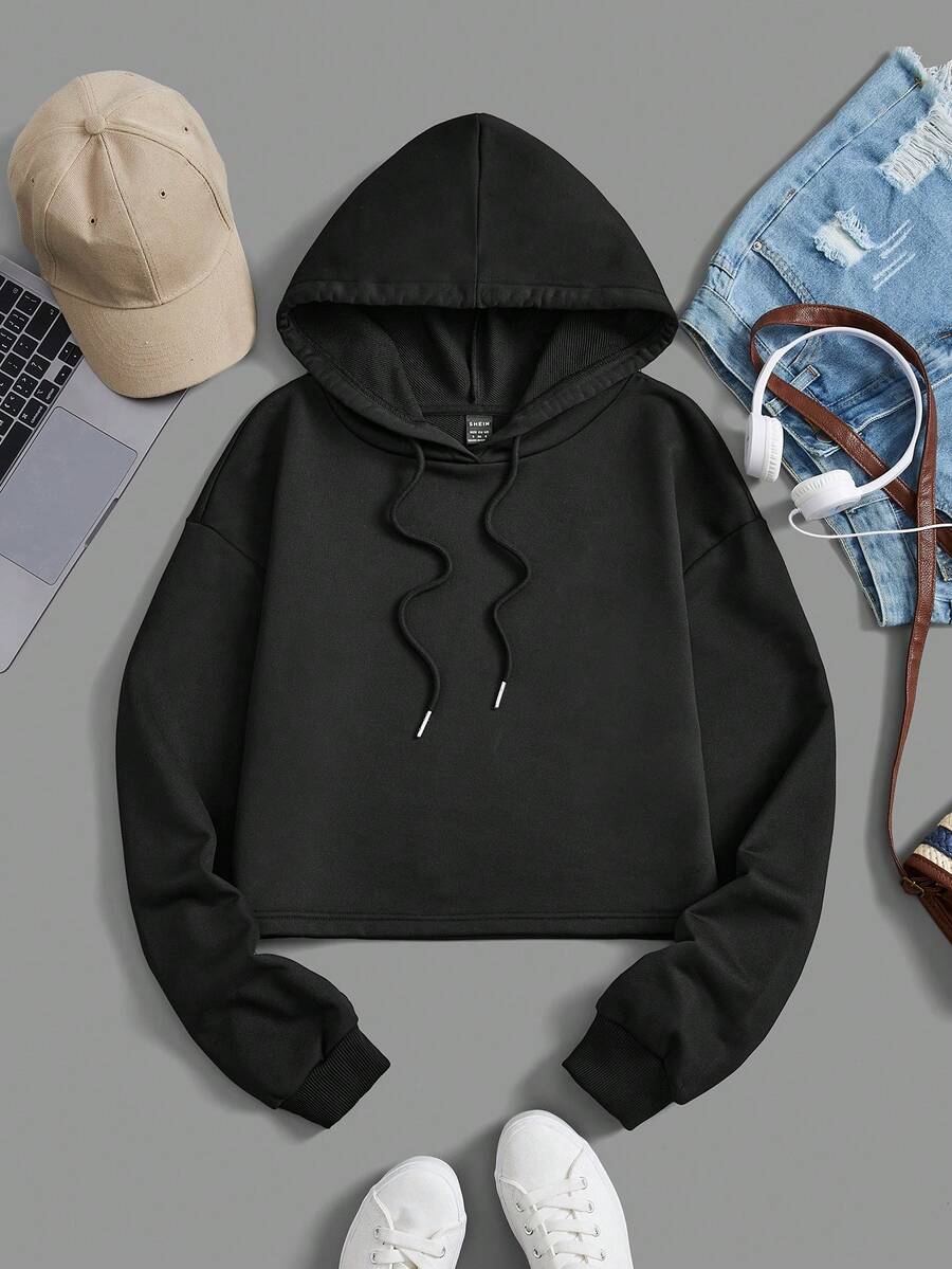 SHEIN EZwear Sudadera Con Capucha Y Cordón De Color Liso - Negro - Ver 1