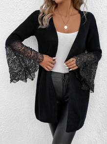 SHEIN Privé Women's Lace Splice Cardigan With Open Front - Black - View 5