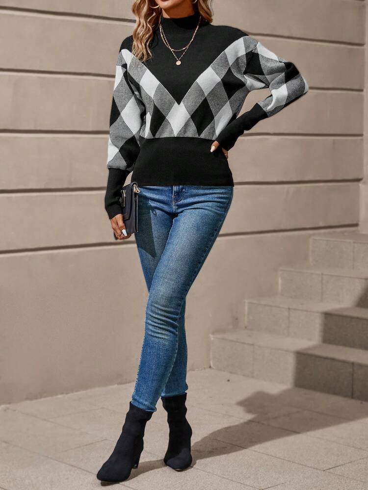 Women'S Geometric Pattern Patchwork Stand Collar Drop Shoulder Sweater