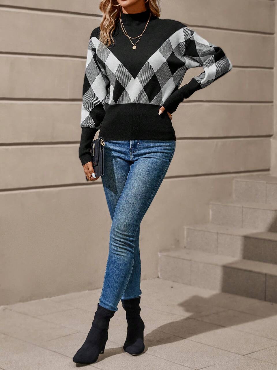 Women'S Geometric Pattern Patchwork Stand Collar Drop Shoulder Sweater