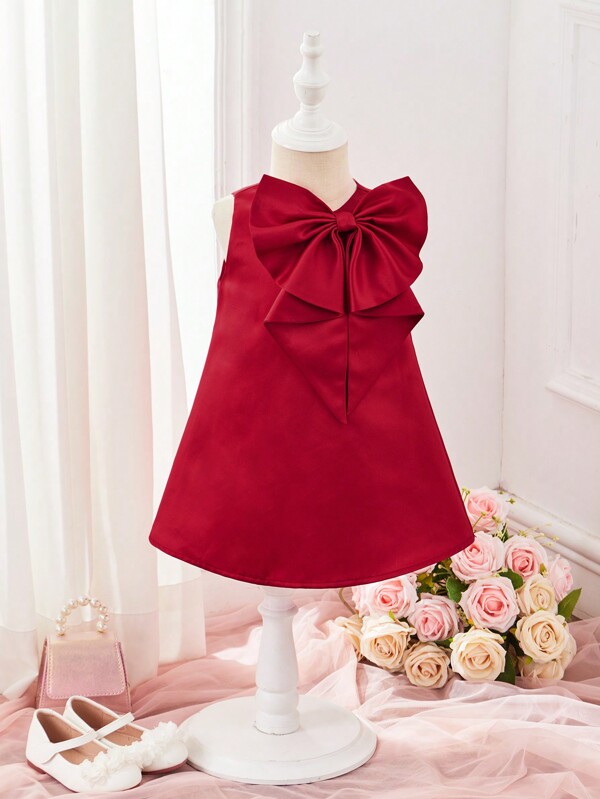 SHEIN Baby Girls' Gorgeous Red Satin Bowknot Sleeveless Dress