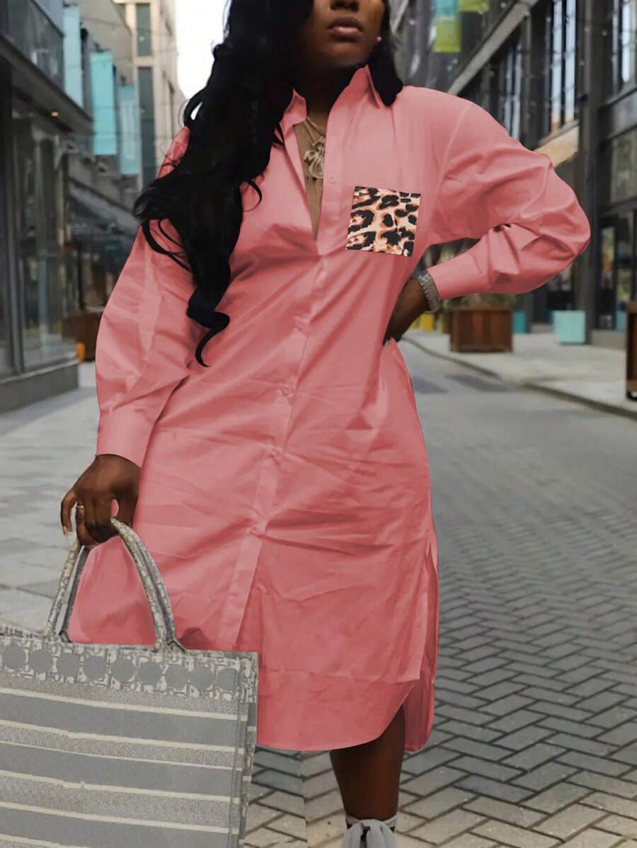 Maweii Hơn In hoa Báo Đã vá Túi Thả vai Váy sơ mi - Bụi hồng - Xem 1