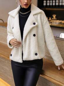 SHEIN Essnce Double Breasted Drop Shoulder Teddy Jacket - Beige - View 6