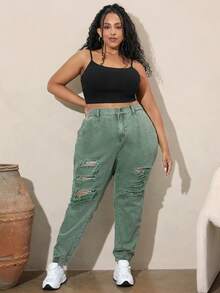 SHEIN CURVE+ Plus Size Distressed Denim Jeans - Green - View 6