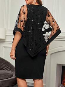 EMERY ROSE 女款大尺寸圓領亮片網拼接修身連身裙 - 黑色 - 查看 2