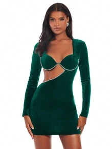 SHEIN BAE 女士深綠色露肩連衣裙,中空設計和裝飾性鑽石鏈,新年裝扮 - 墨綠色 - 查看 4