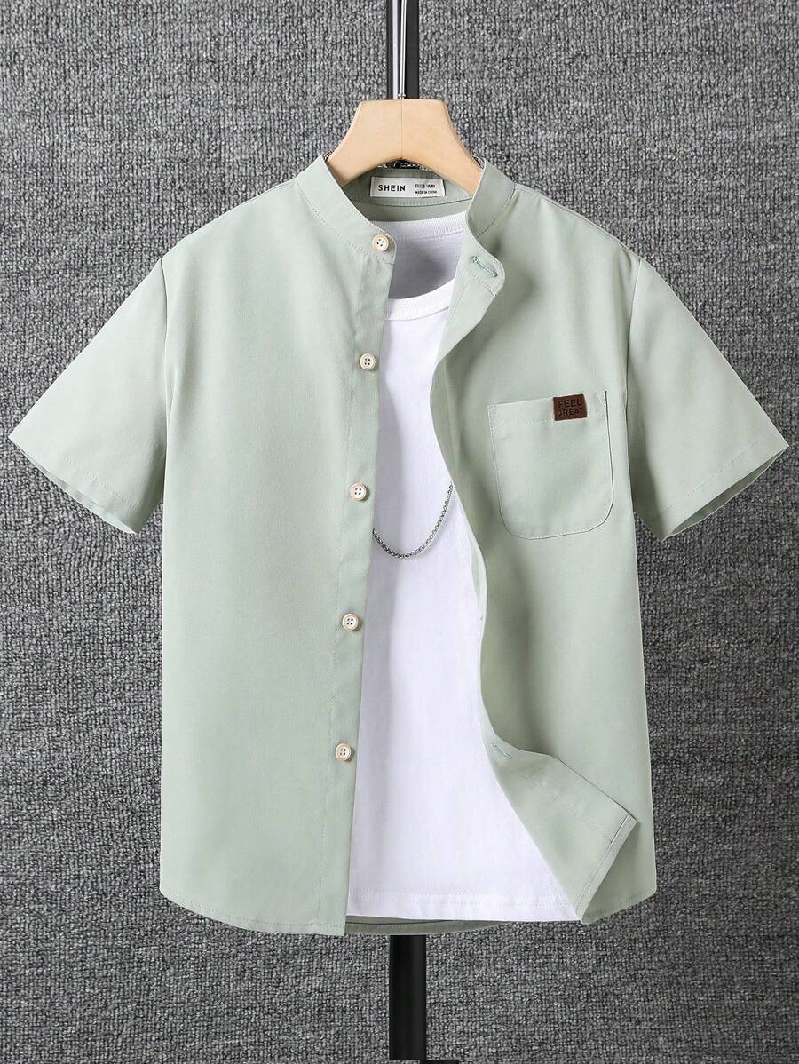 SHEIN 男童字母貼細節口袋前置襯衫(無內搭) - 薄荷綠 - 查看 1